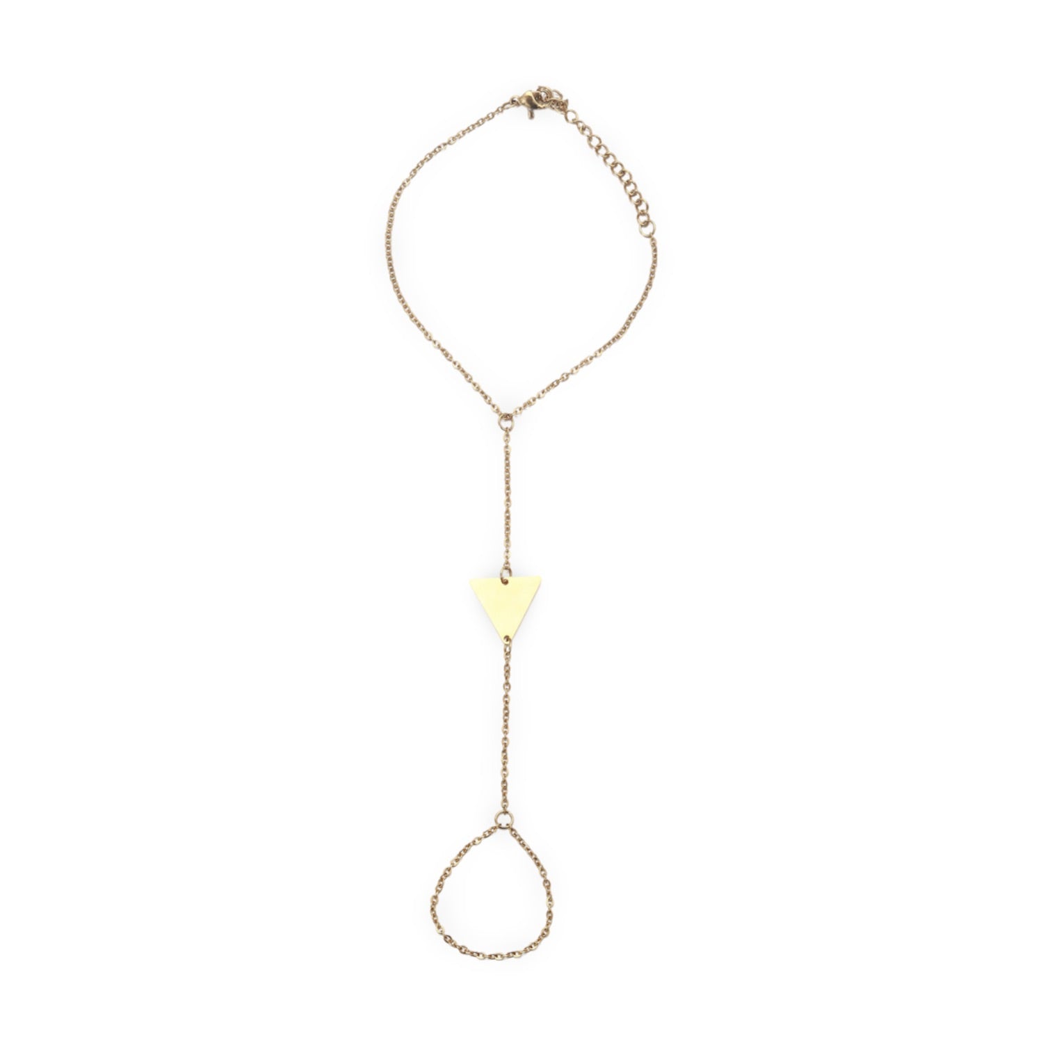 Bijou de main en acier inoxydable doré avec motif triangle et chaîne fine élégante.