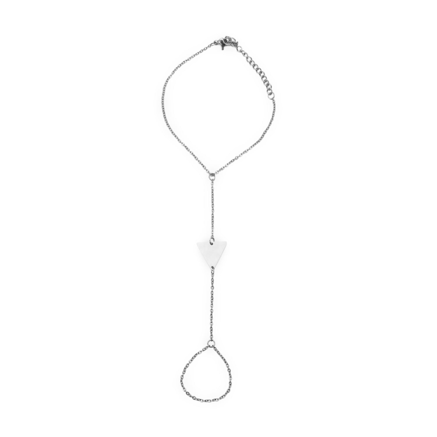 Bijou de main en acier inoxydable argent avec motif triangle et chaîne fine connectée au doigt.