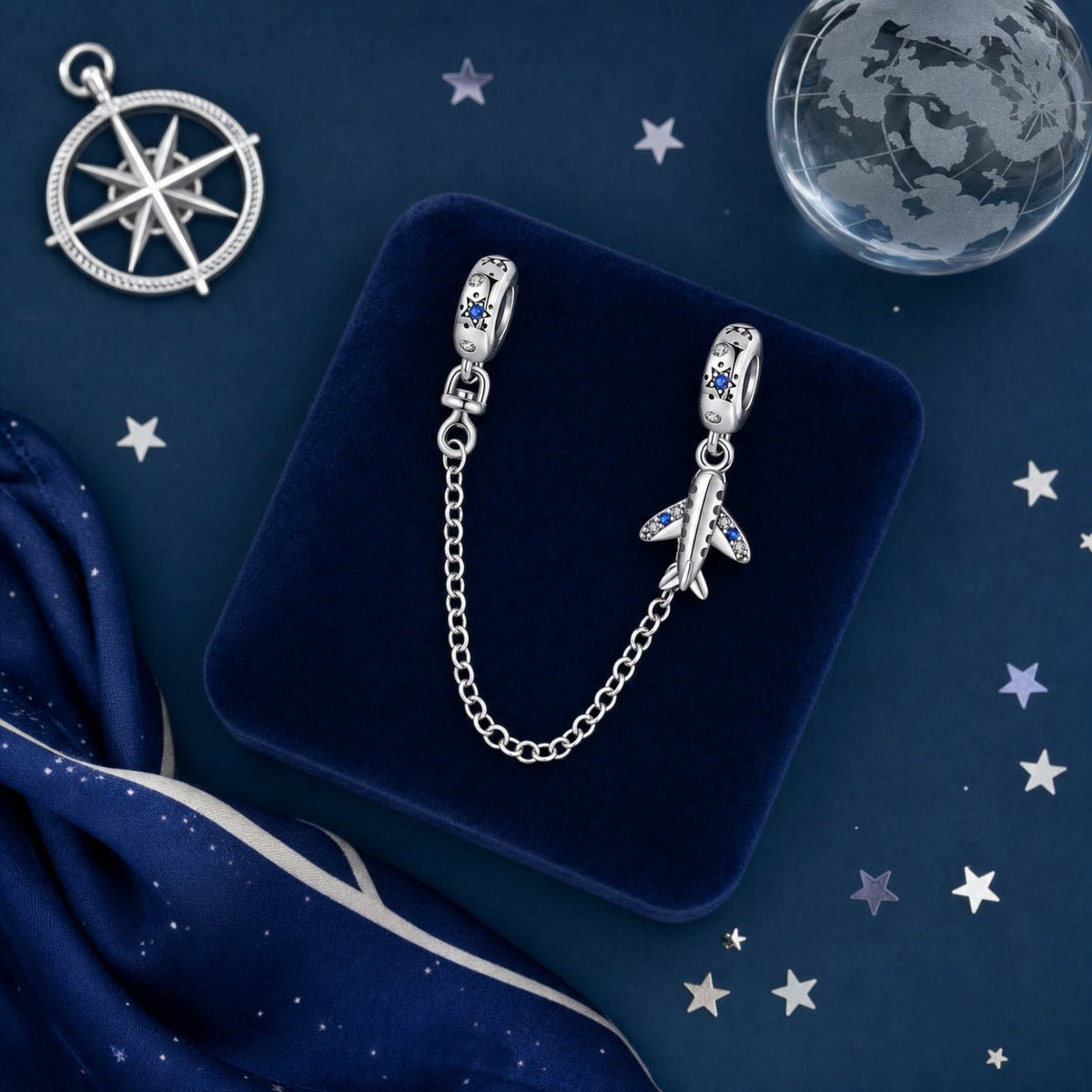 Safety chain, star-shaped airplane and blue zircons, for women, Skyguard model