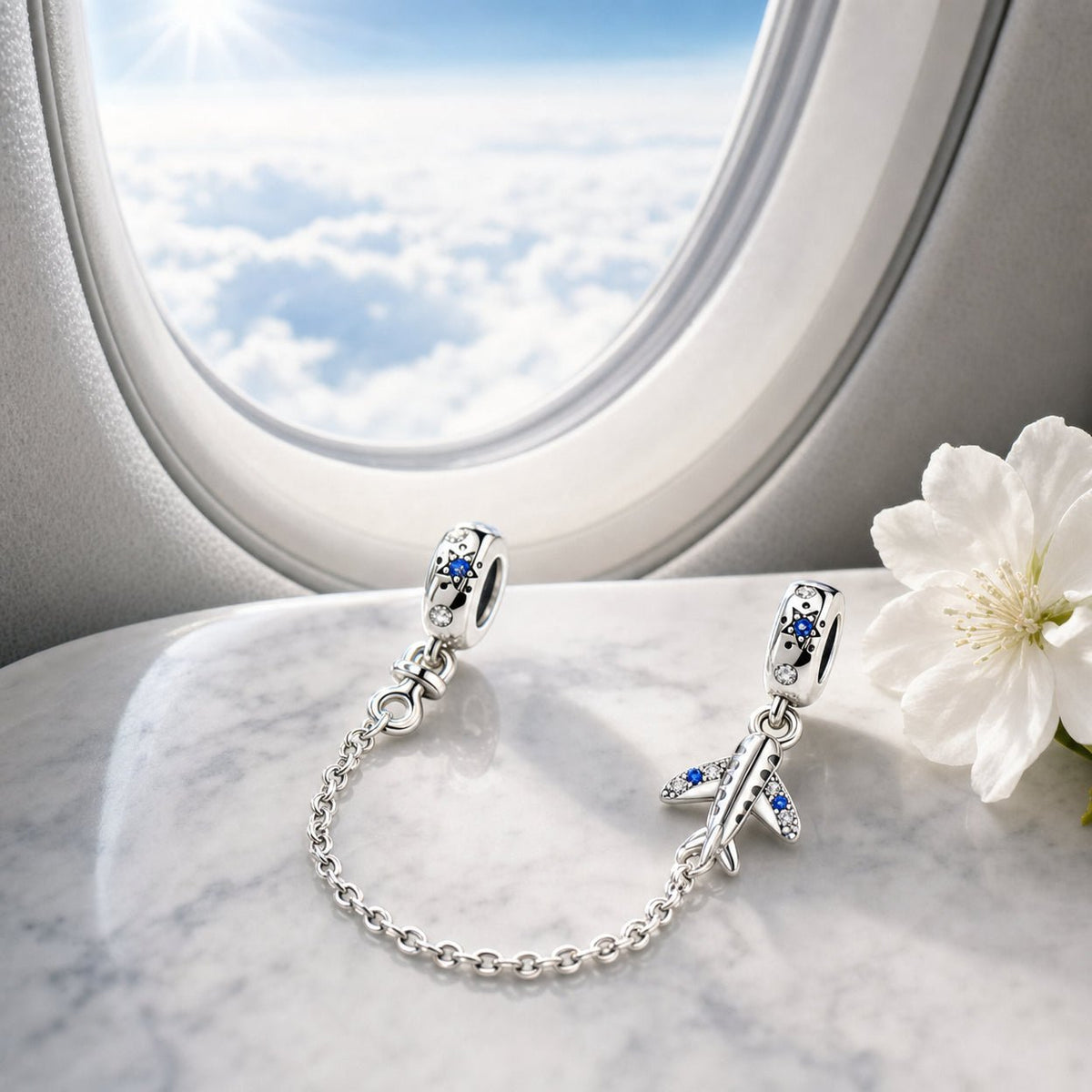 Safety chain, star-shaped airplane and blue zircons, for women, Skyguard model