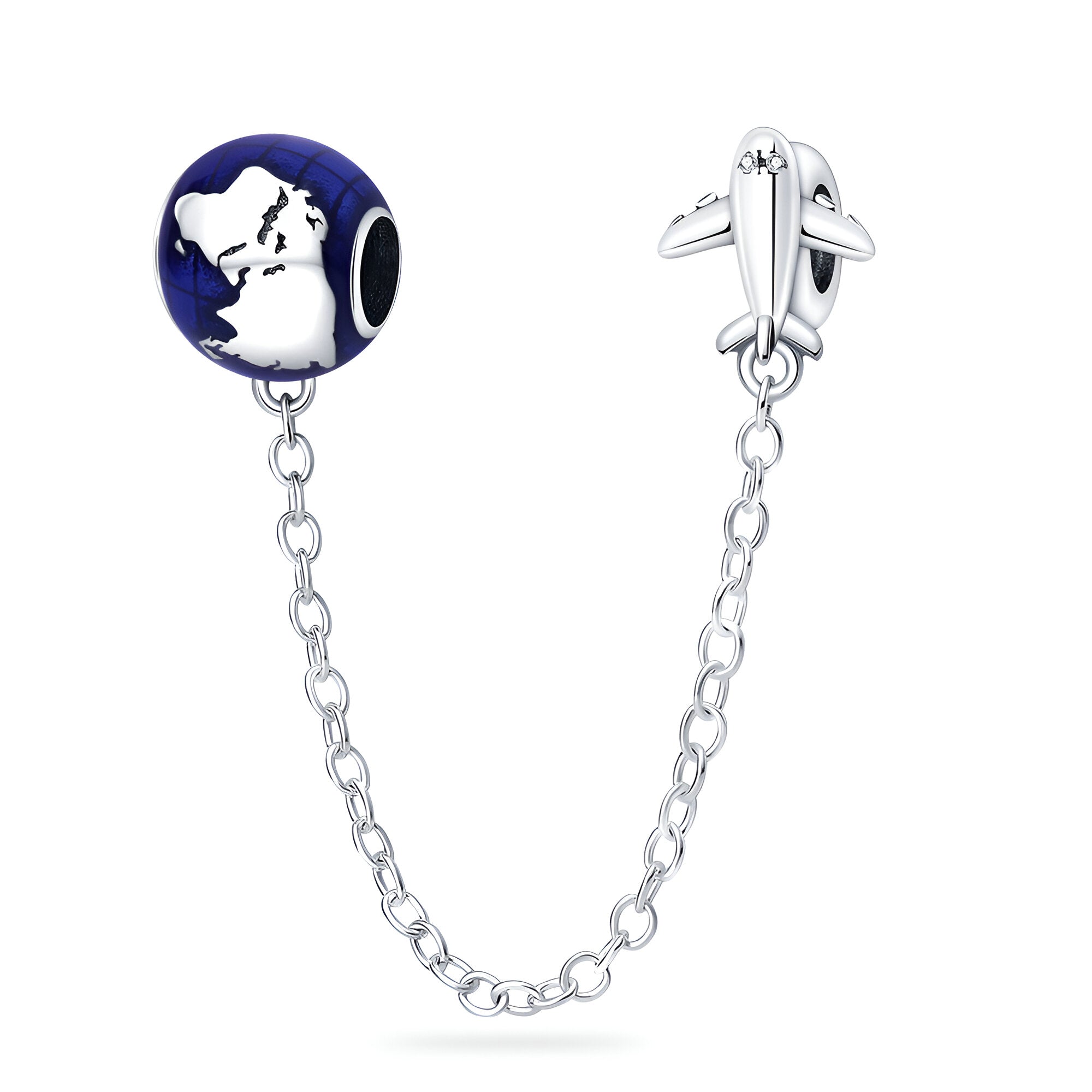 Charm argenté à chaînette avec breloque globe et avion, design élégant et voyage.