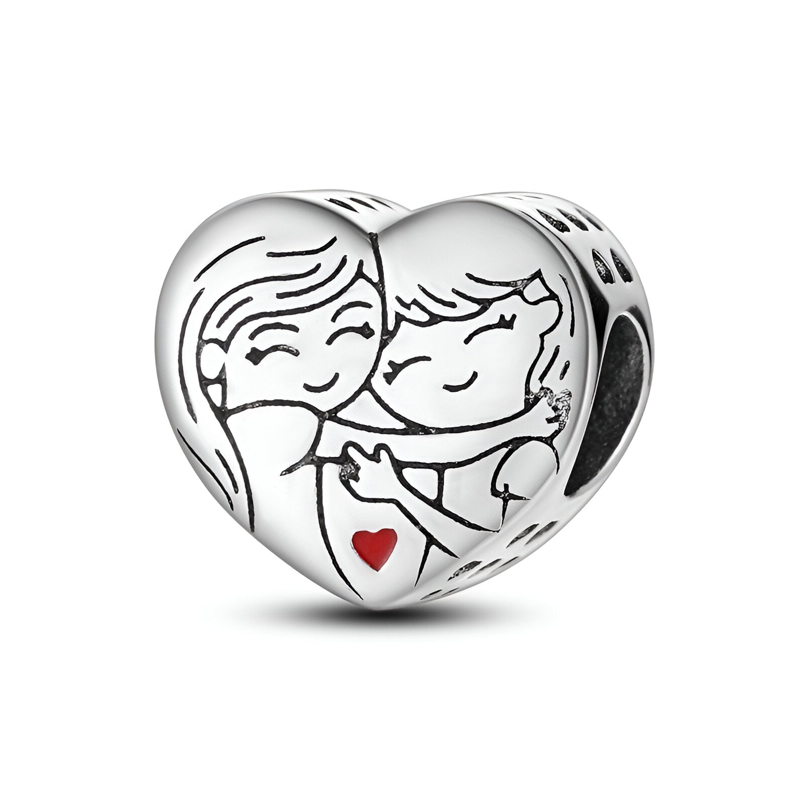 Charm en argent en forme de cœur avec dessin gravé de deux sœurs s’enlaçant et petit cœur rouge détaillé.