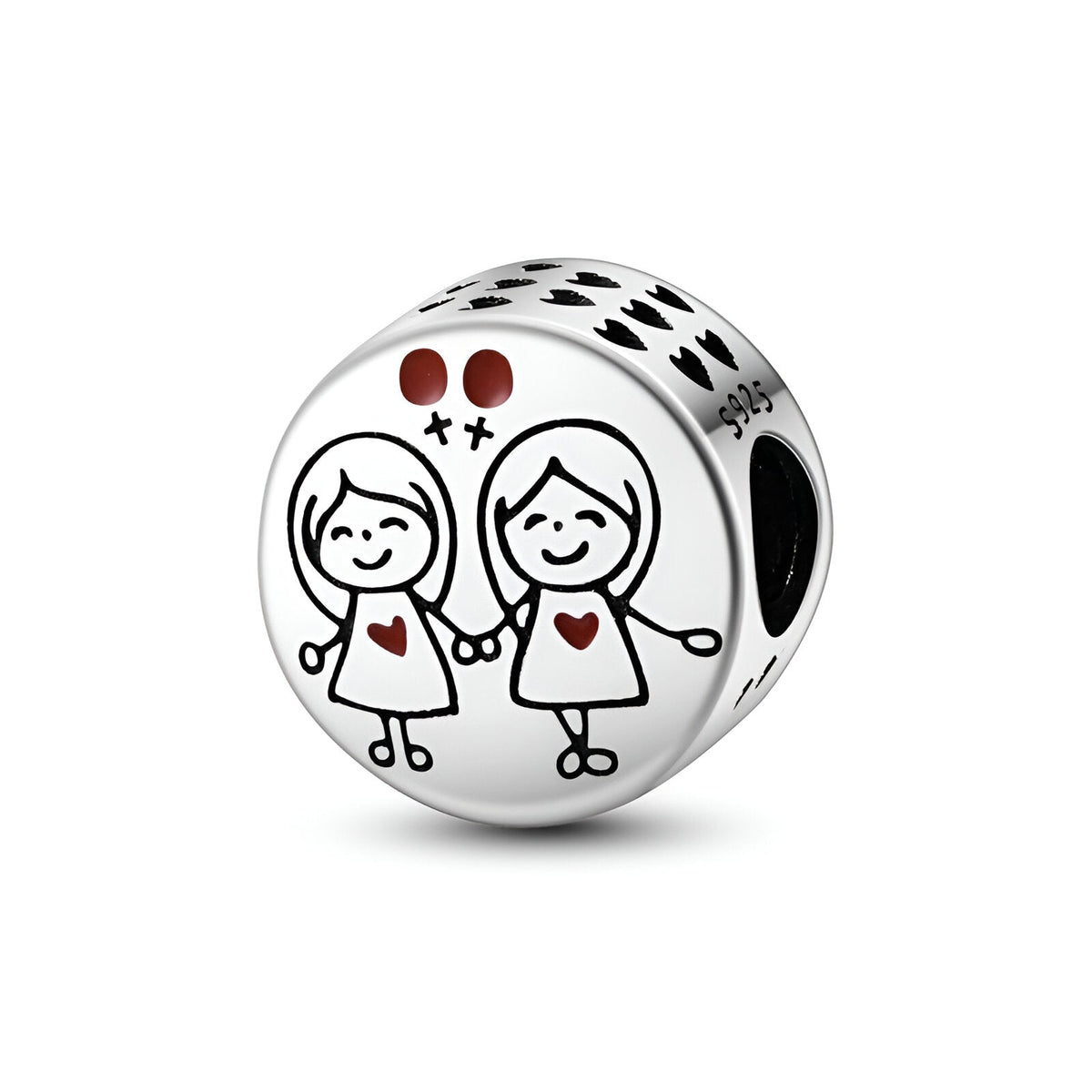 Charm rond argenté avec dessin deux amies se tenant la main et petits cœurs rouges.