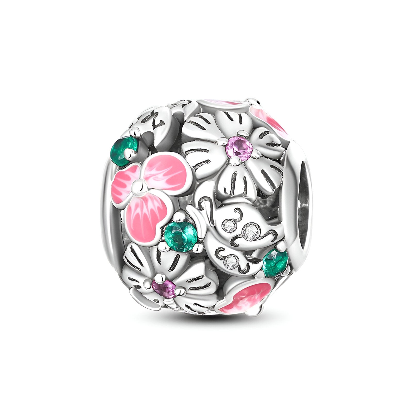 Breloque argent floral avec fleurs roses émaillées, cristaux verts et roses, motif délicat.