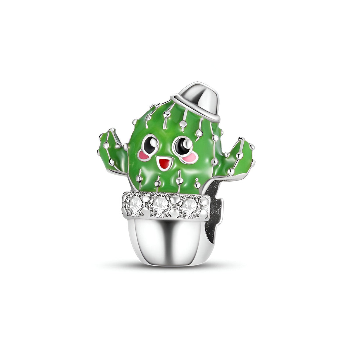 Charm cactus vert sourire avec yeux expressifs en métal argenté brillant et pot orné de pierres blanches scintillantes.