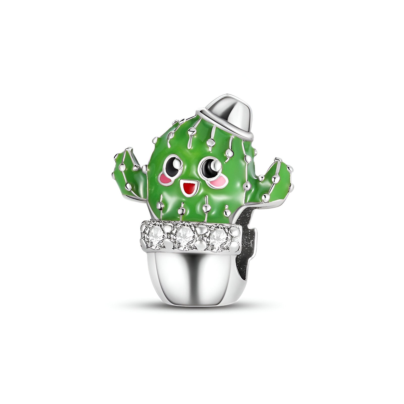 Charm cactus vert sourire avec yeux expressifs en métal argenté brillant et pot orné de pierres blanches scintillantes.