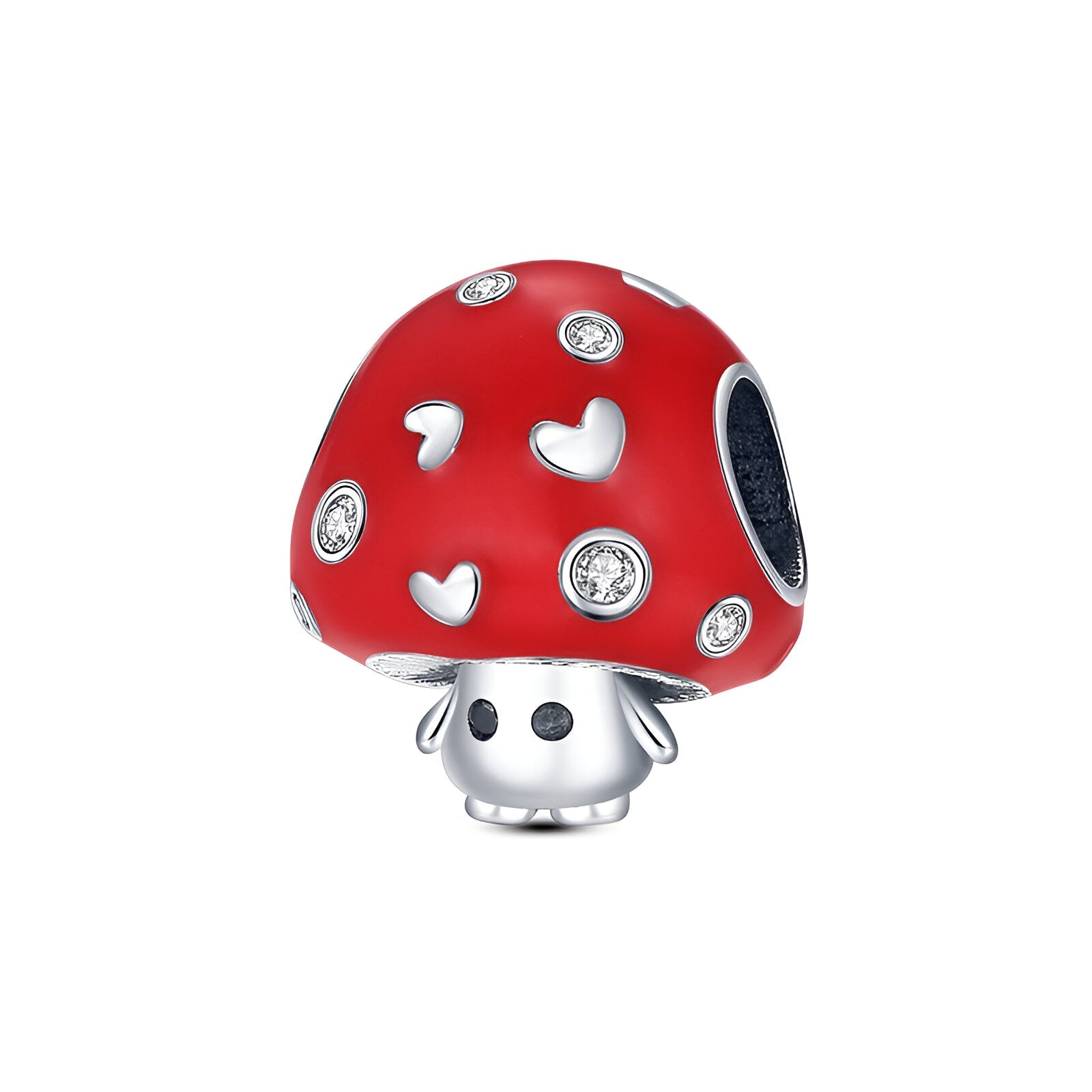 Charm champignon rouge en émail avec cœurs blancs et détails argentés brillants.
