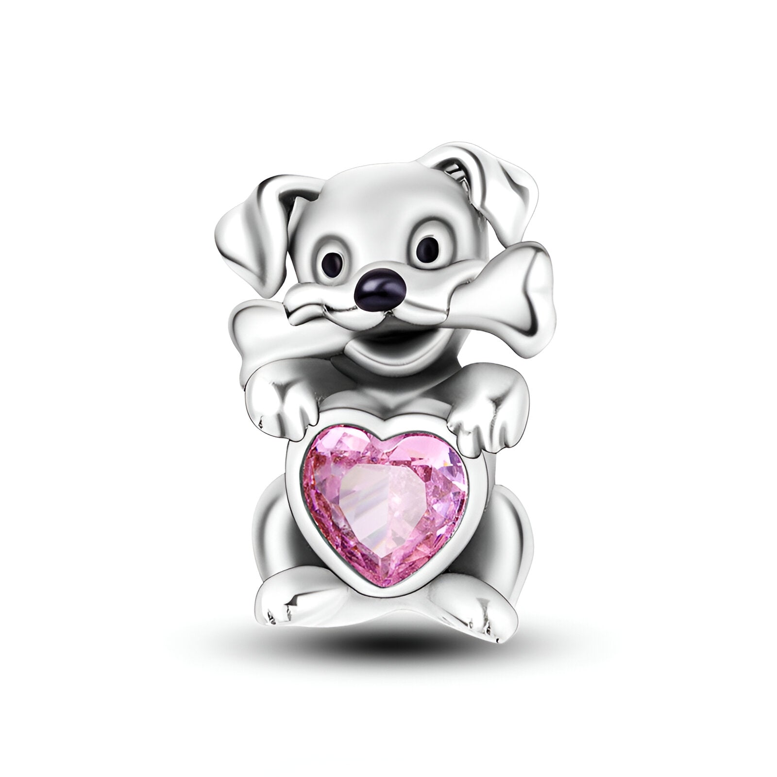 Charm en argent représentant un chiot tenant un os et un cœur rose scintillant au centre.