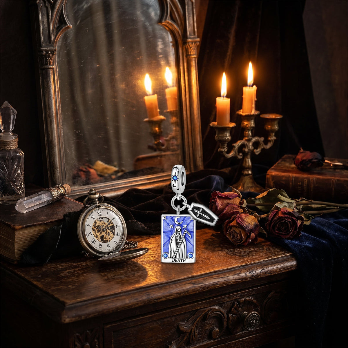 Tarotkort-charm La Mort, kobber belagt med sølv, farvede emaljer, til kvinder, model Fatalys