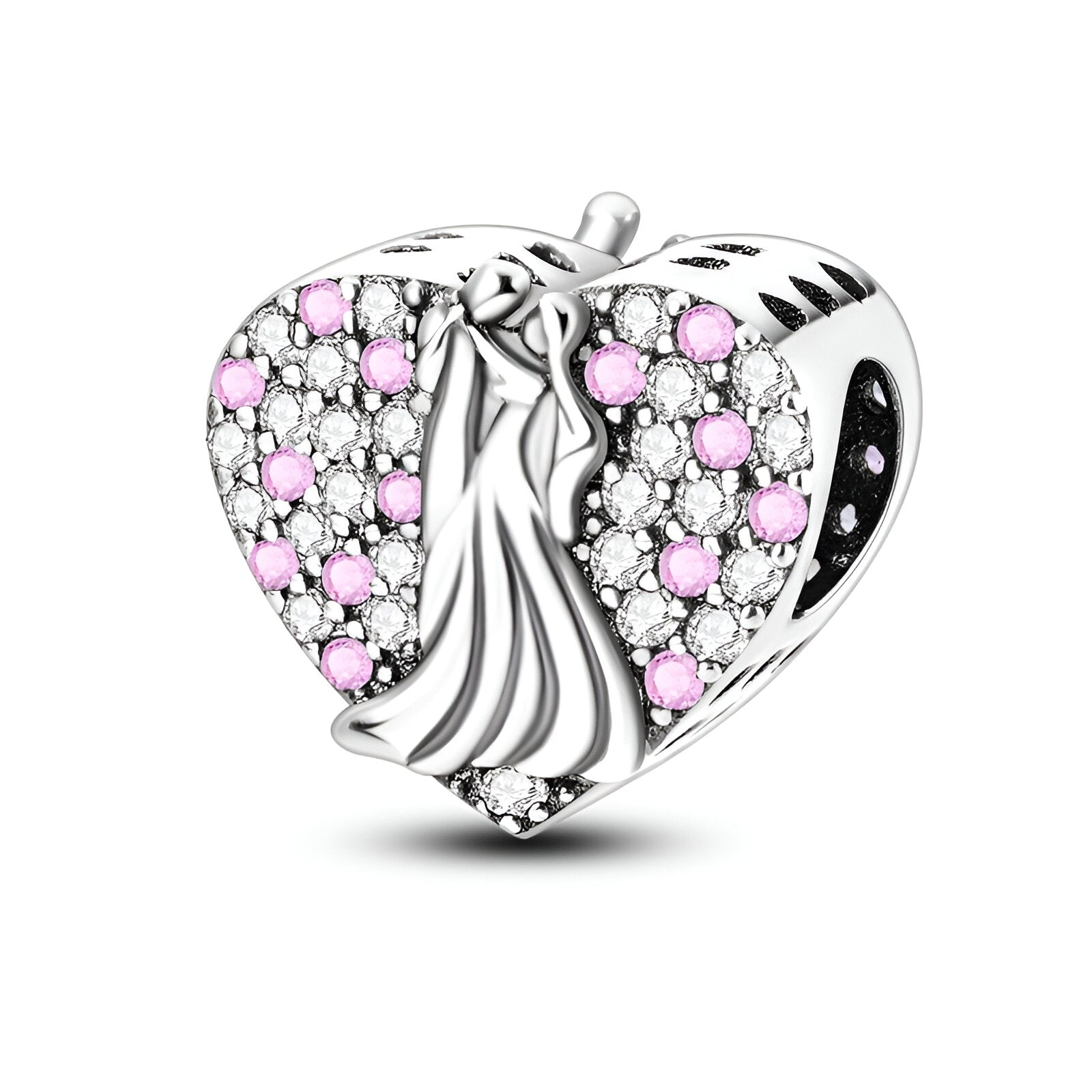 Charm cœur en argent avec couple élégant en relief et pierres roses et blanches serties.