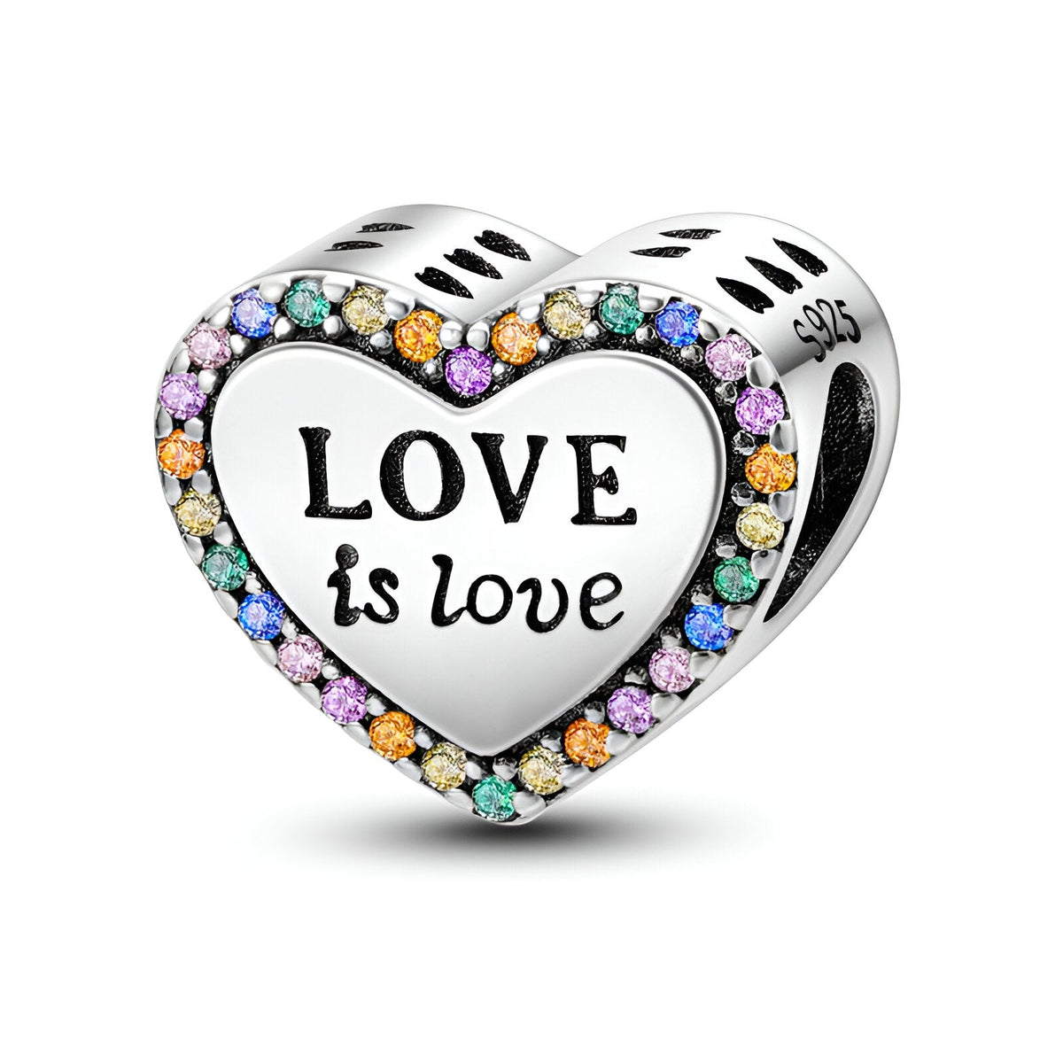 Charm cœur argenté avec inscription "Love is love" entourée de pierres multicolores scintillantes.