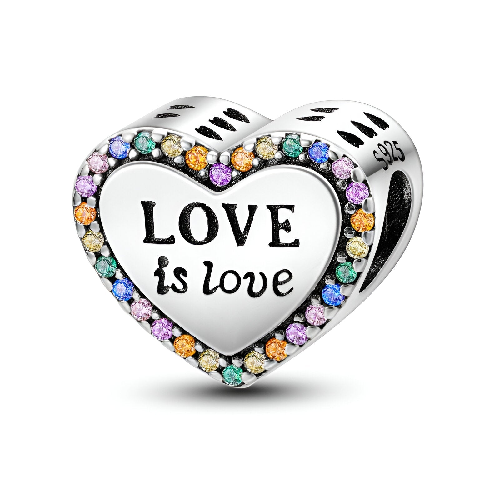 Charm cœur argenté avec inscription "Love is love" entourée de pierres multicolores scintillantes.