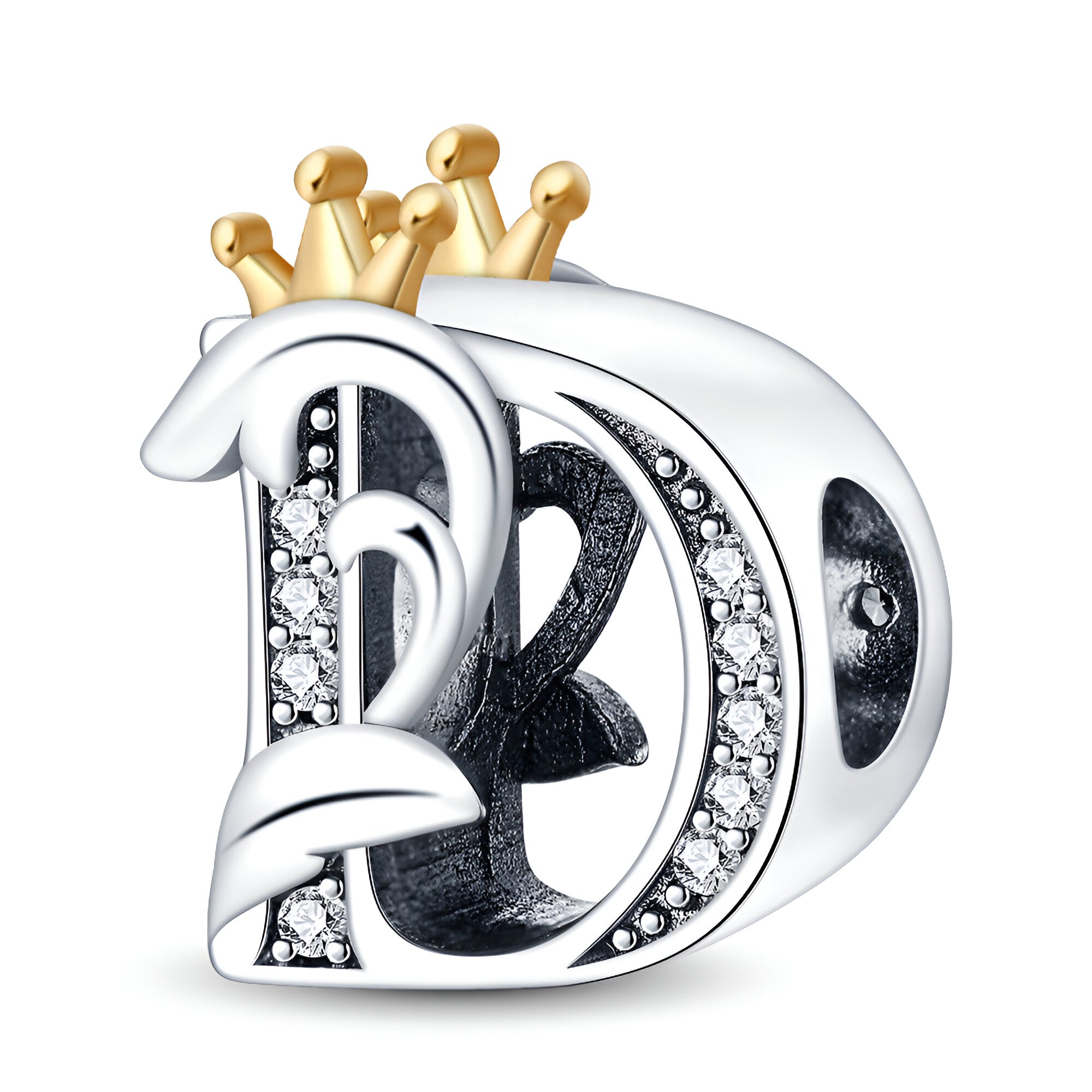 Charms lettre D en argent avec couronne dorée et strass scintillants, modèle Diana.