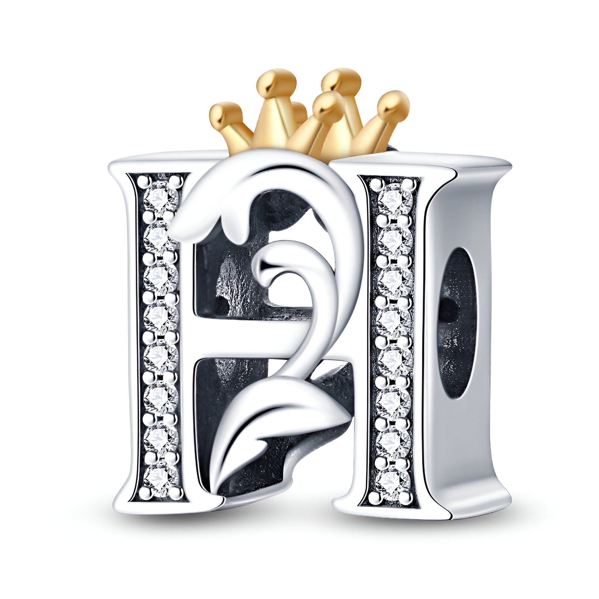 Charm lettre H en argent avec détails de feuilles et couronne dorée ornée de petits cristaux transparents.