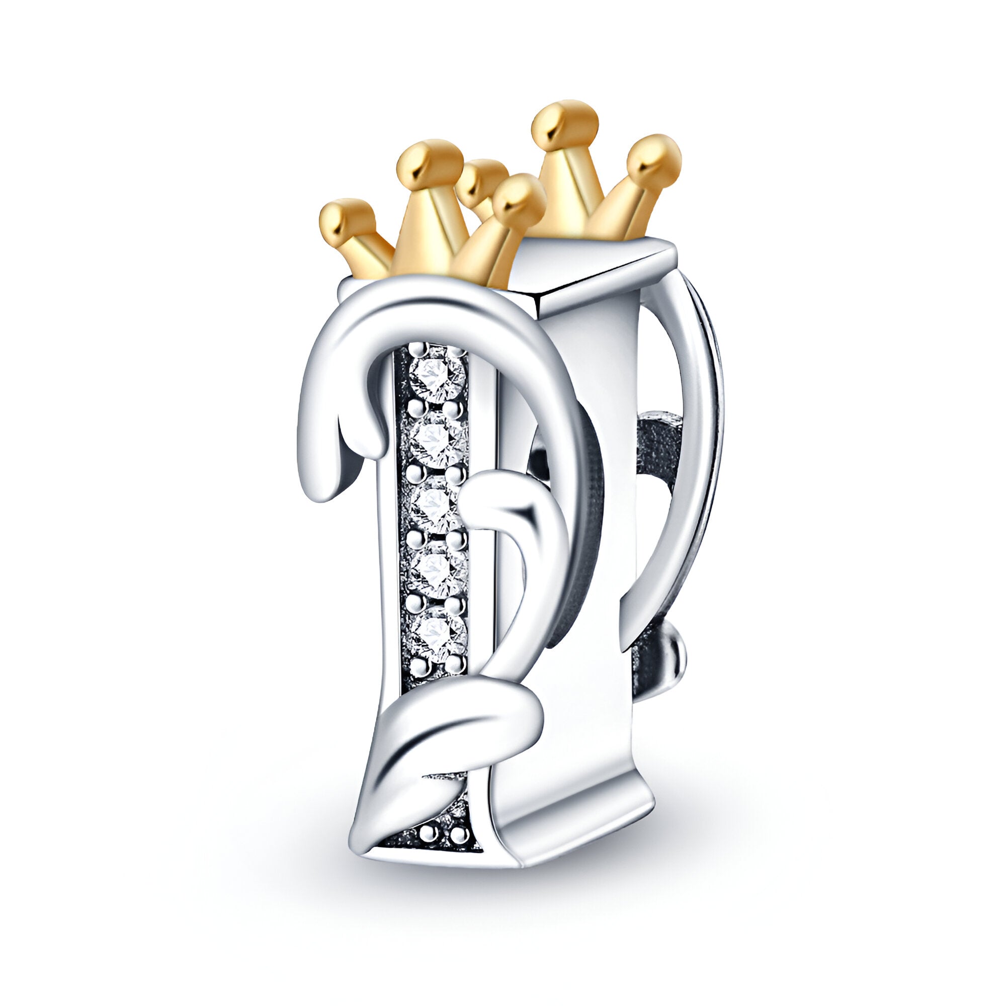 Charm lettre I en argent avec couronne dorée et petits cristaux scintillants.