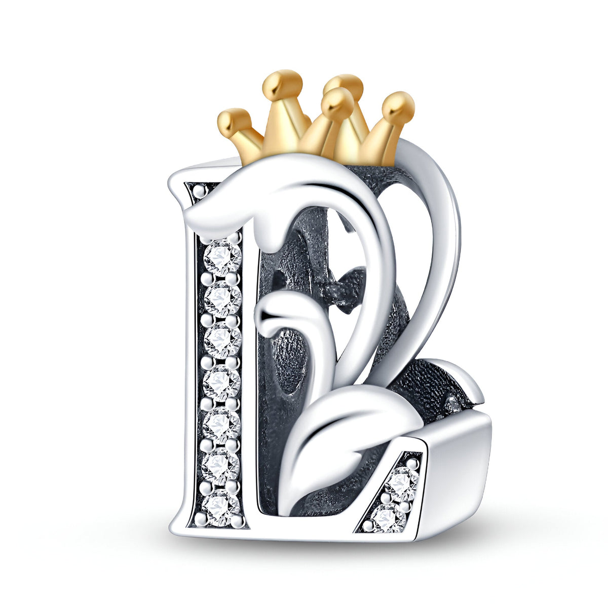 Charm lettre L en métal argenté avec couronne dorée et incrustation de strass transparents.