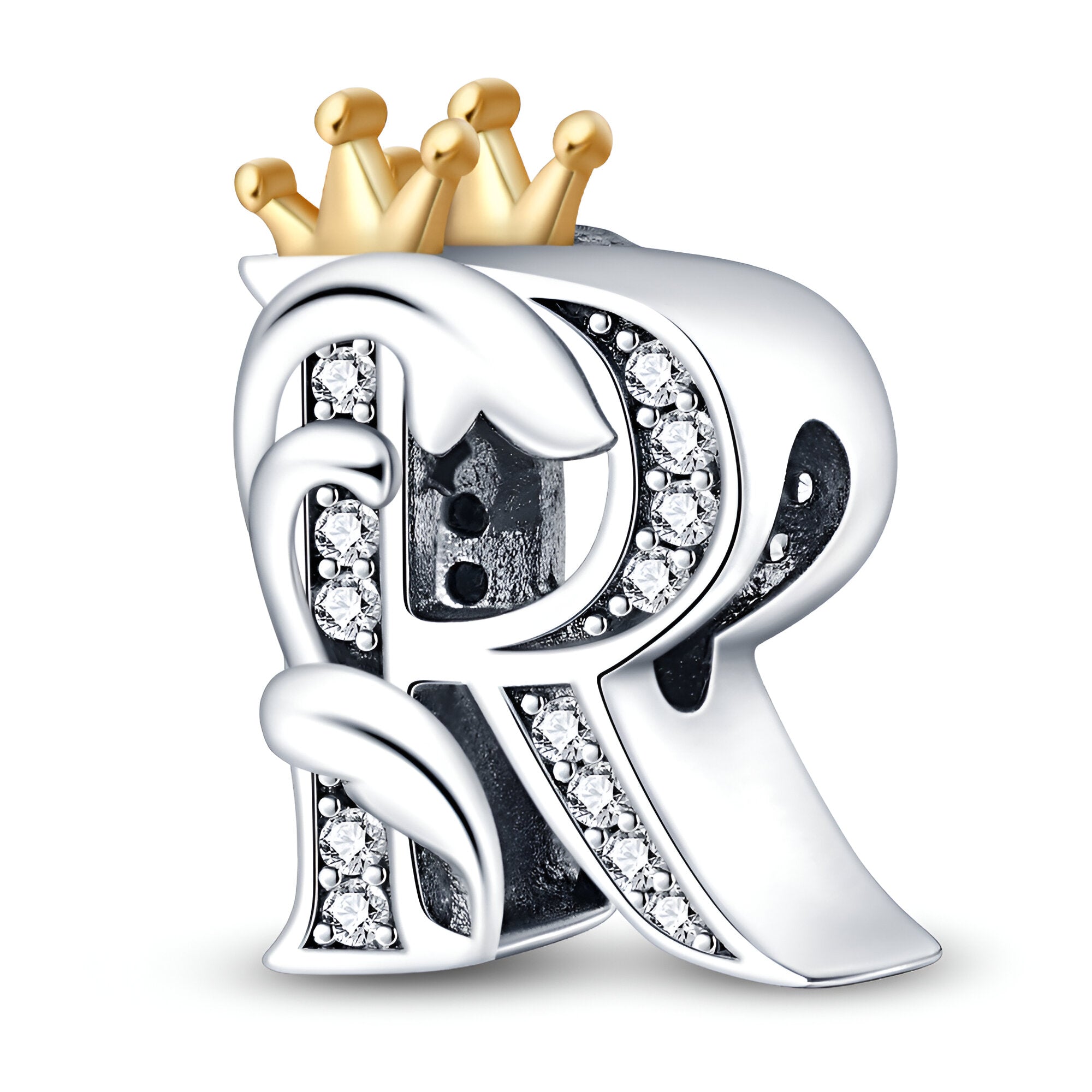 Charm lettre R en métal argenté avec incrustations de pierres brillantes et couronne dorée ornée de petits points dorés.