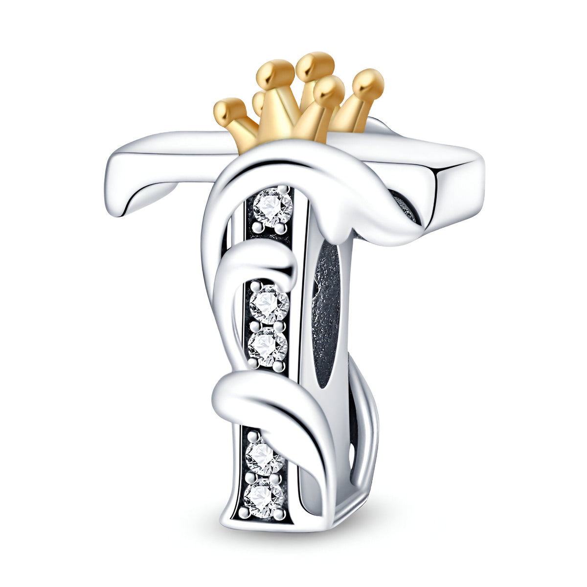 Charm lettre T en argent orné de zircons, couronne dorée en haut, style élégant et féminin.