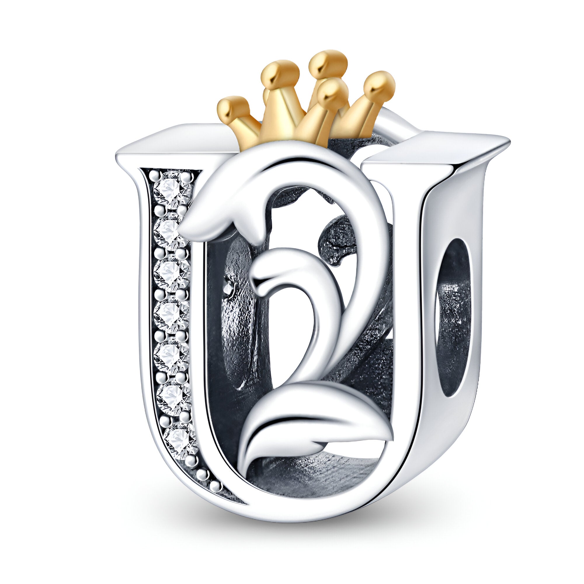 Charm lettre U en argent avec ornements en zircone et couronne dorée, design élégant et féminin.