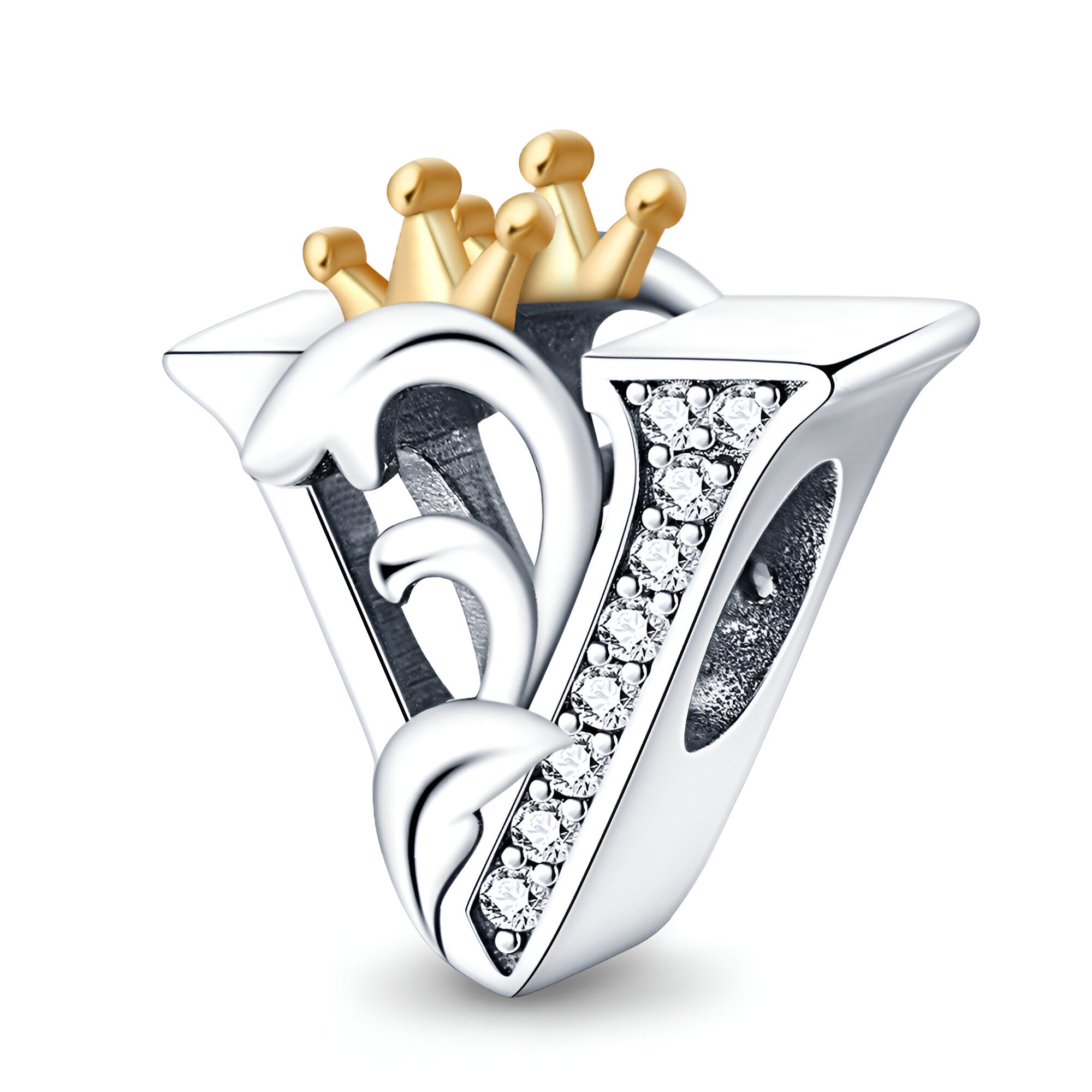 Charm lettre V en argent avec détails dorés et cristaux scintillants, design élégant et raffiné.