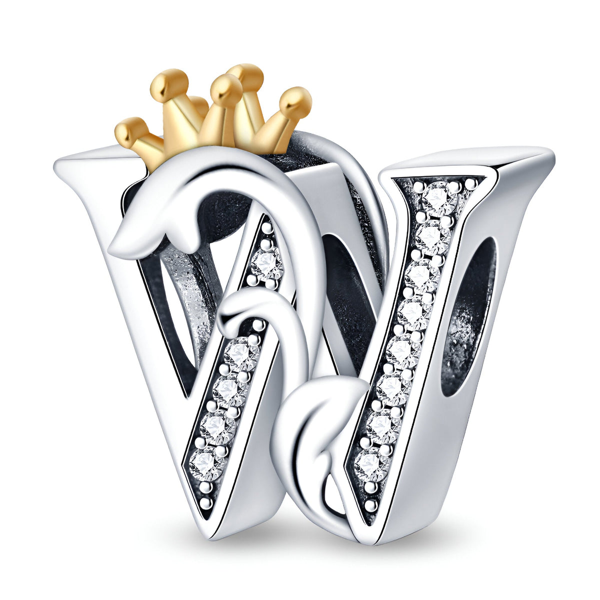 Charm lettre W en argent avec couronne dorée et détails en cristaux scintillants.