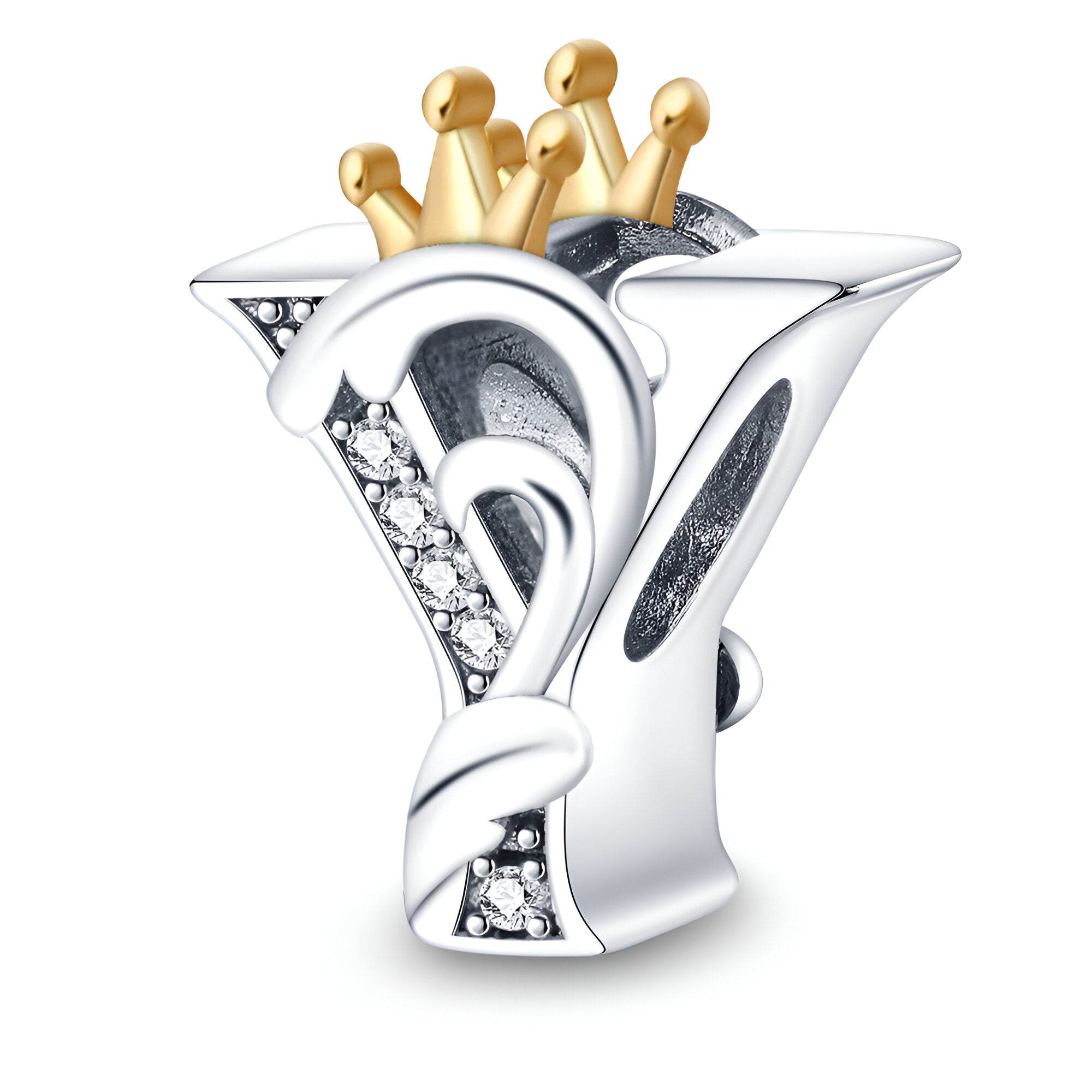Charm lettre Y en argent avec couronne dorée et pavé de pierres brillantes.