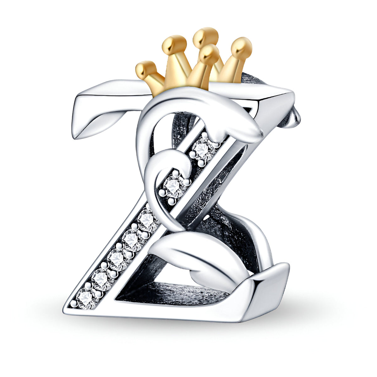 Charm lettre Z en argent orné de petits cristaux avec une couronne dorée sur le dessus.
