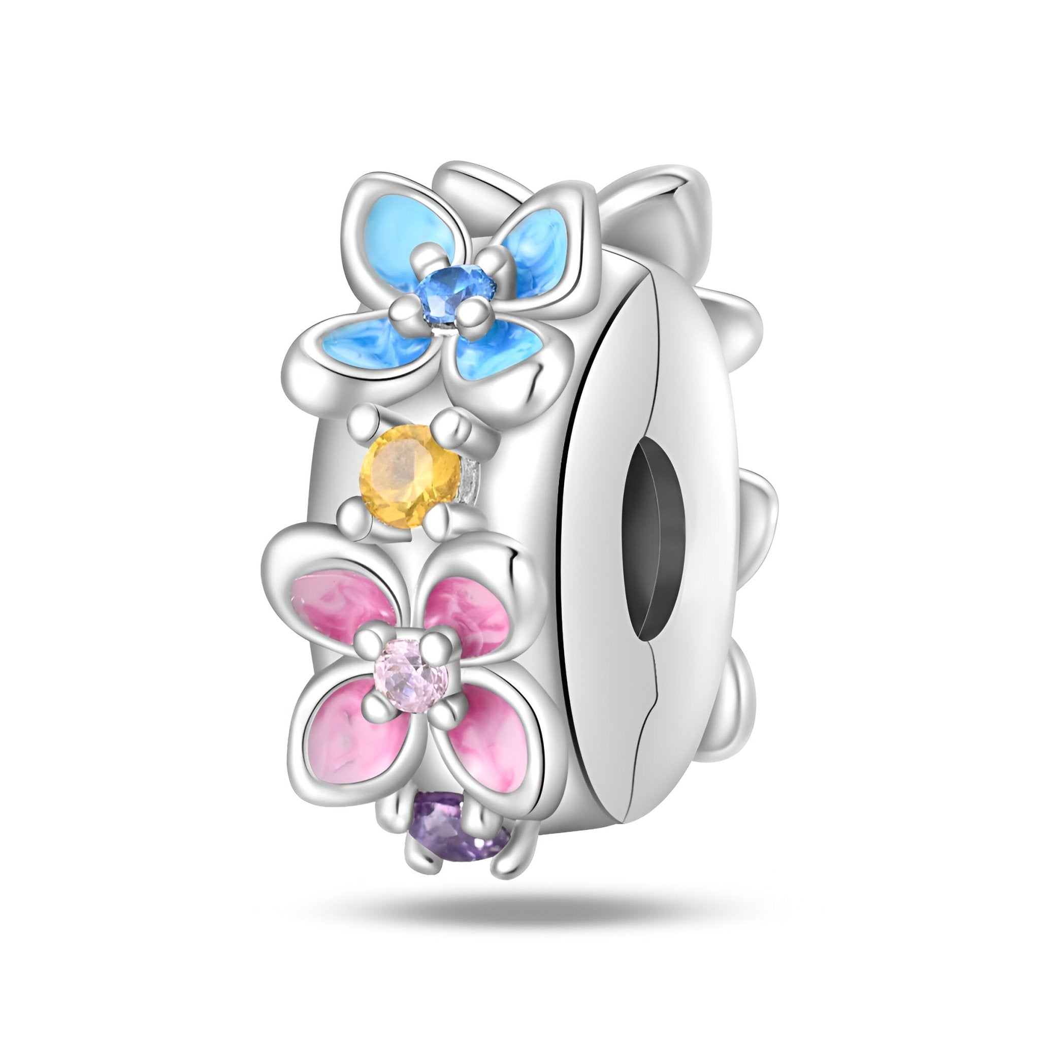 Charm argenté avec fleurs colorées bleu, jaune, rose et violet en émail brillant.