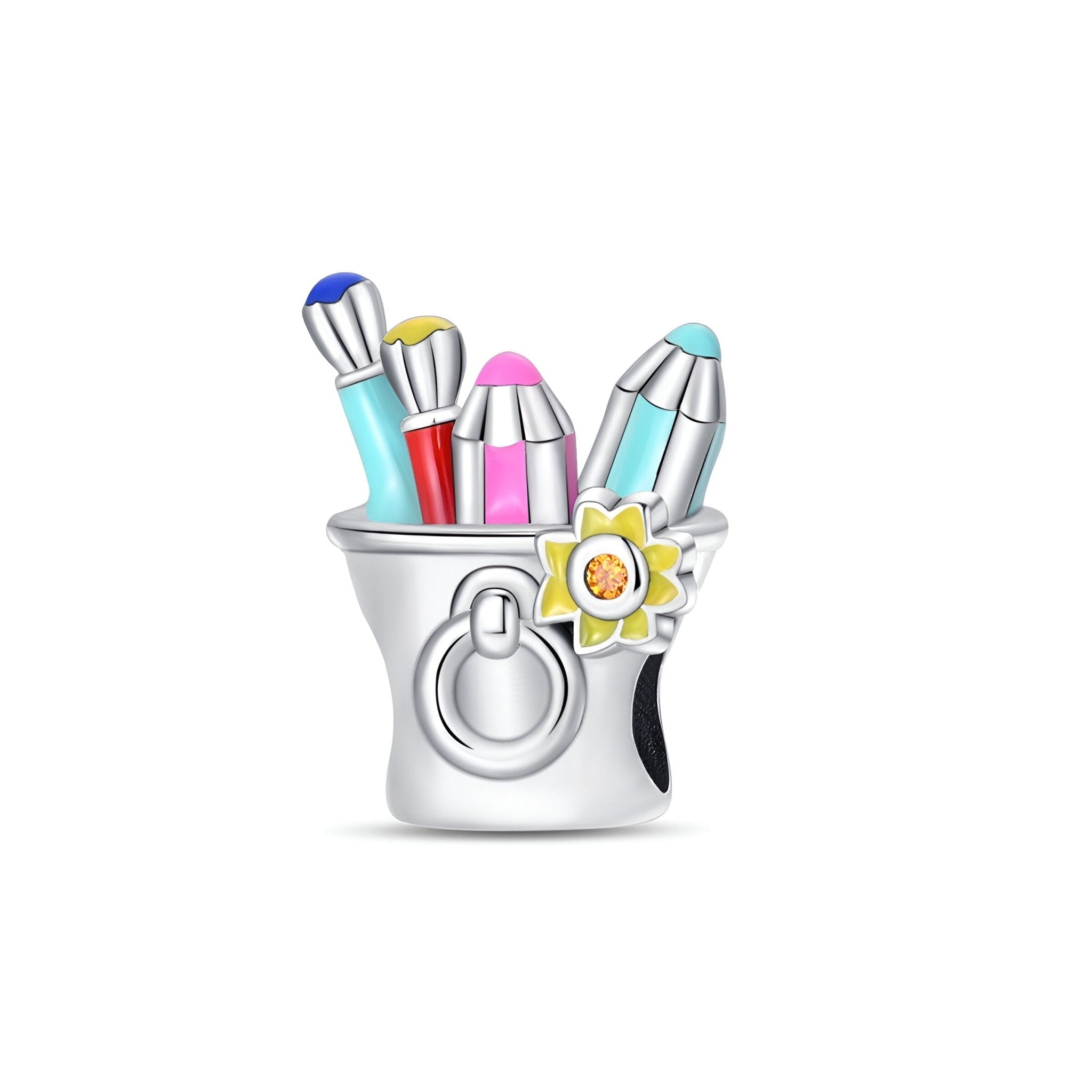 Charm argenté en forme de pot de peinture avec pinceaux colorés et fleur jaune détaillée.