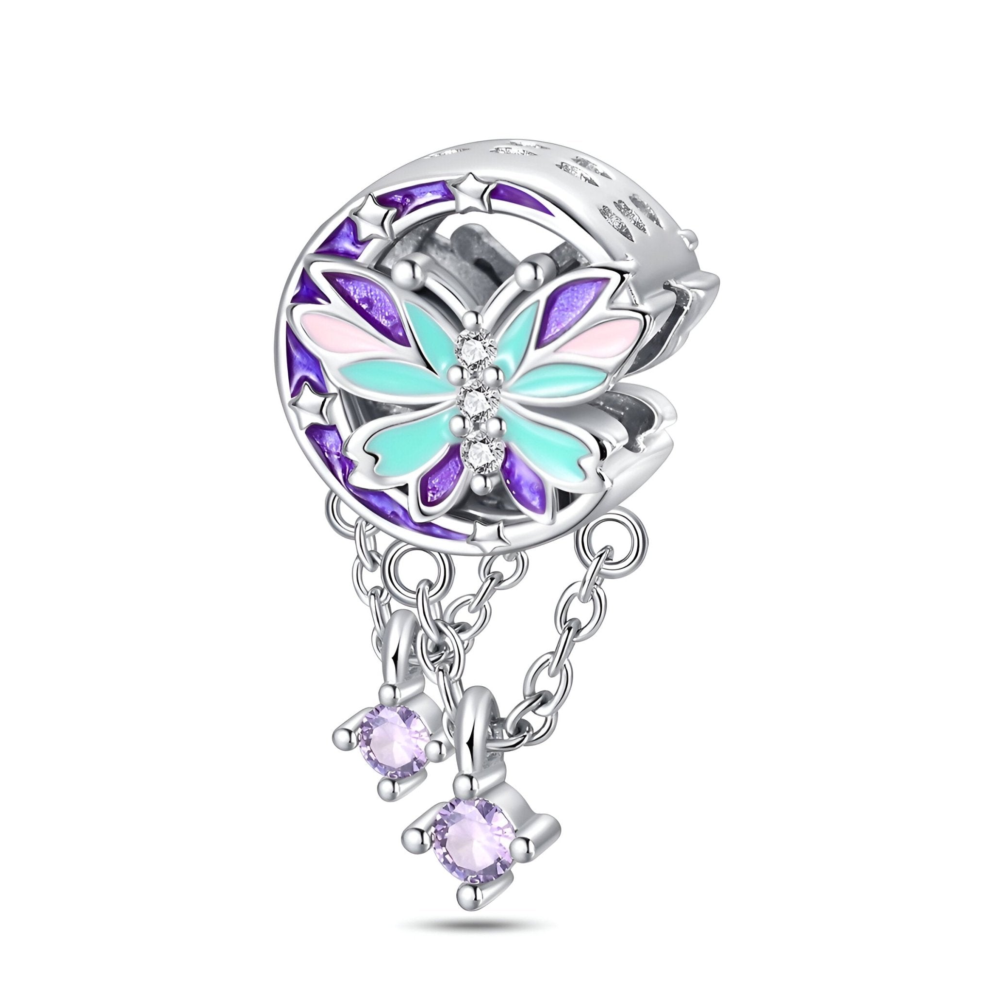 Charm papillon en argent avec ailes bleues, violettes et roses, pendentifs en chaînes et pierres violettes.