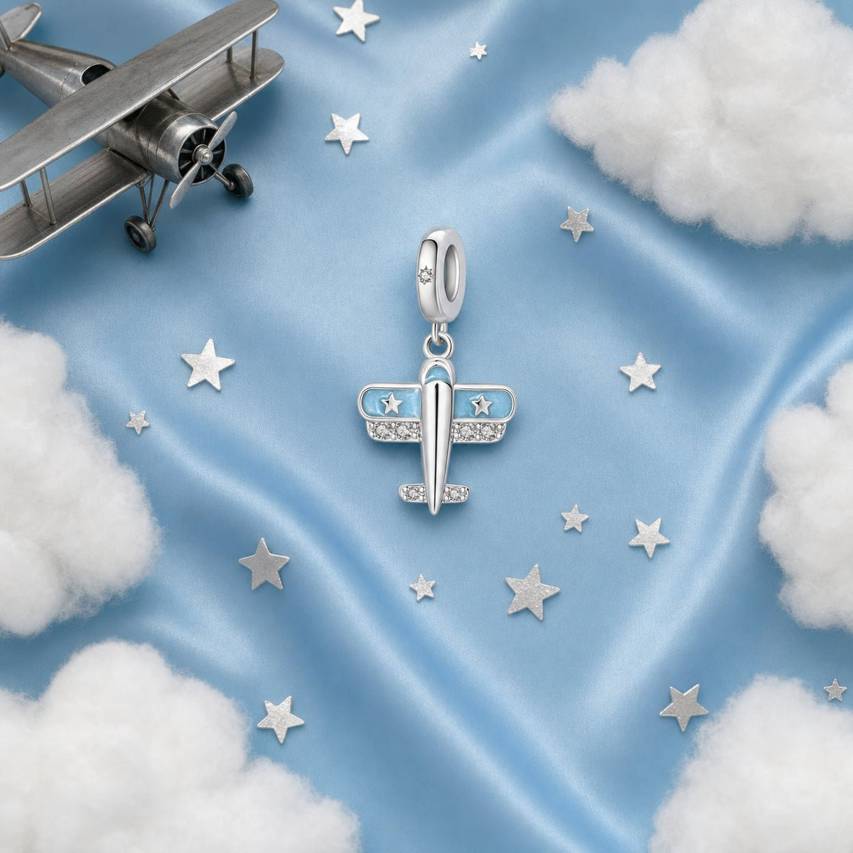 Charm pendant, sparkling blue airplane, for women, Celesta model