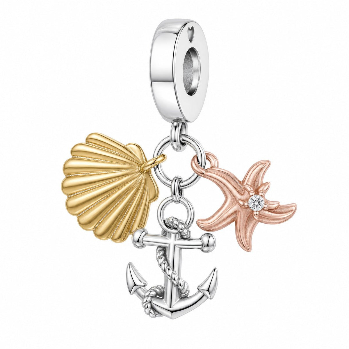 Charm pendant marin, coquillage, etoile de mer et ancre, finition argentee, modele Tritonia