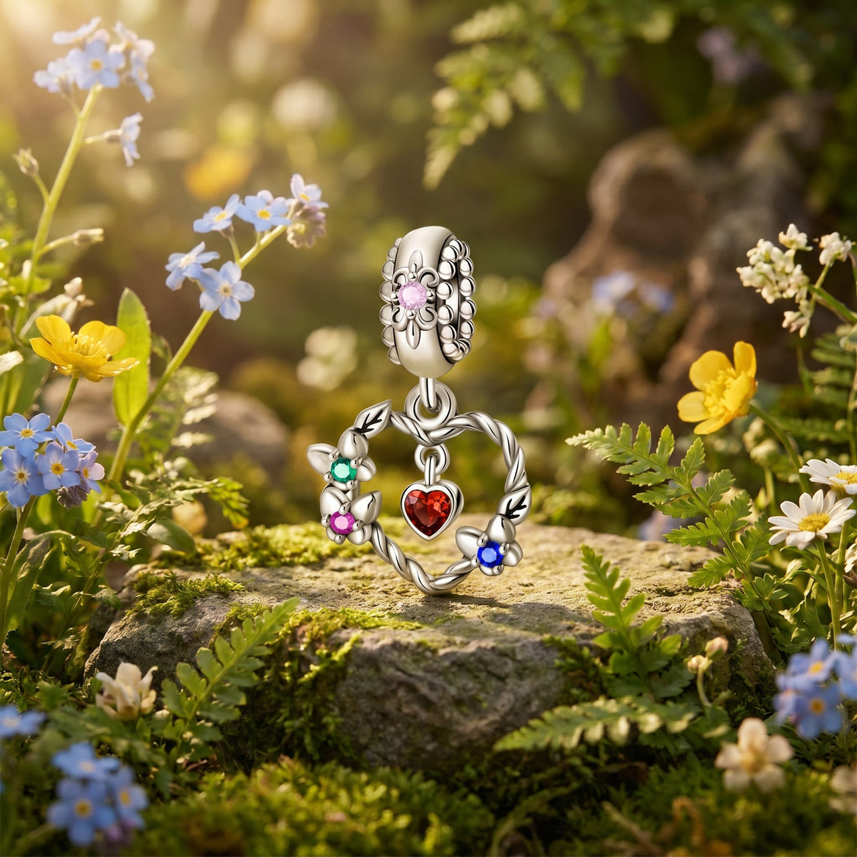 Μενταγιόν charm, πολύχρωμο στεφάνι λουλουδιών με γρανάτη καρδιά, για γυναίκα, μοντέλο Florancia