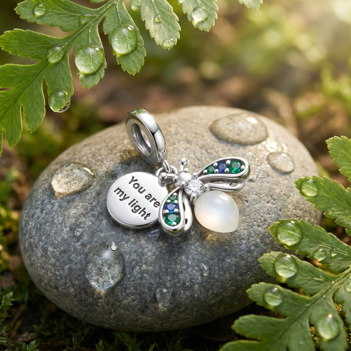 Charm lucciola fosforescente, ali tempestate di zirconi, messaggio You Are My Light, modello Luciola
