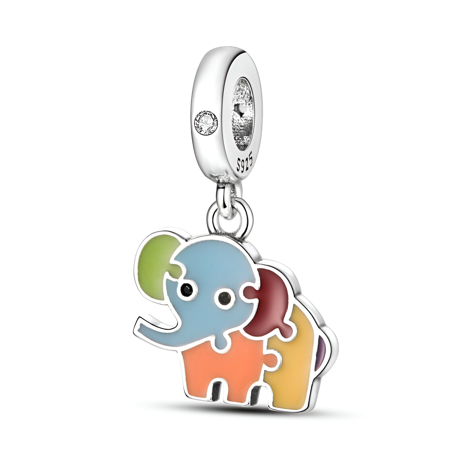 Charm pendentif éléphant puzzle en métal argenté avec pièces colorées bleu, vert, rouge, orange et jaune.