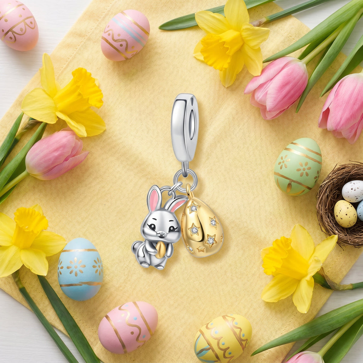 Easter bunny charm with golden egg adorned with zircons, for women, Pascalina model