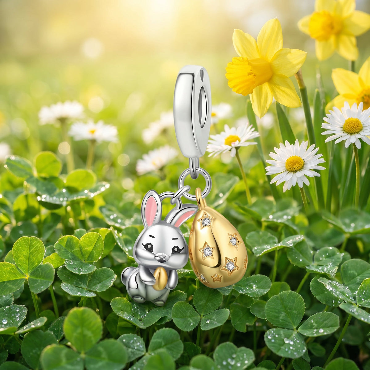 Easter bunny charm with golden egg adorned with zircons, for women, Pascalina model