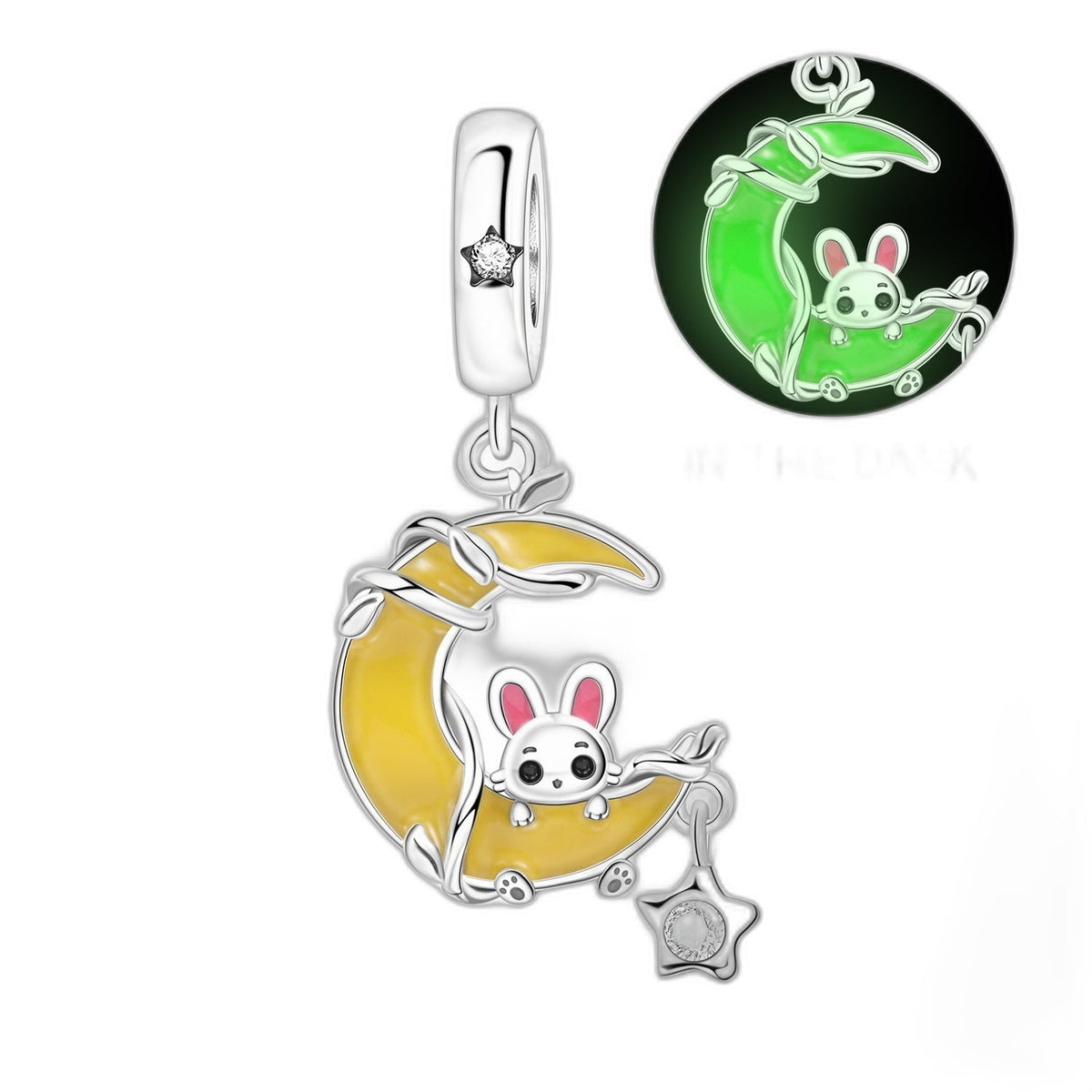 Charm pendant lapin au sac étoilé, finition argentée et dorée, pour femme, modèle Lunapin