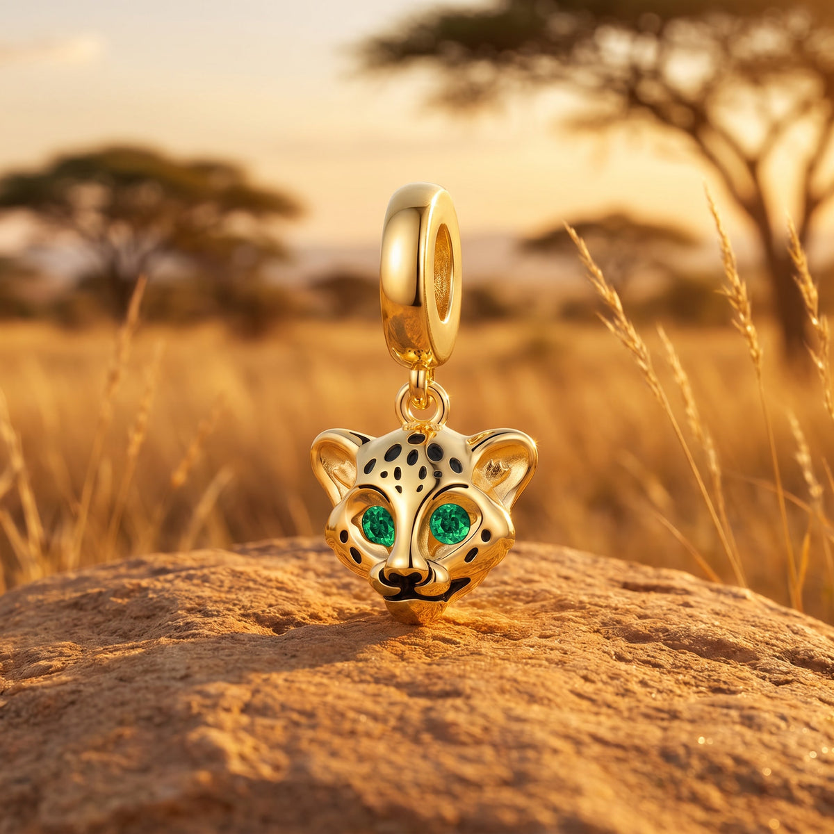 Charm pendant léopard, yeux en zircons verts, émail noir, pour femme, modèle Leopardino