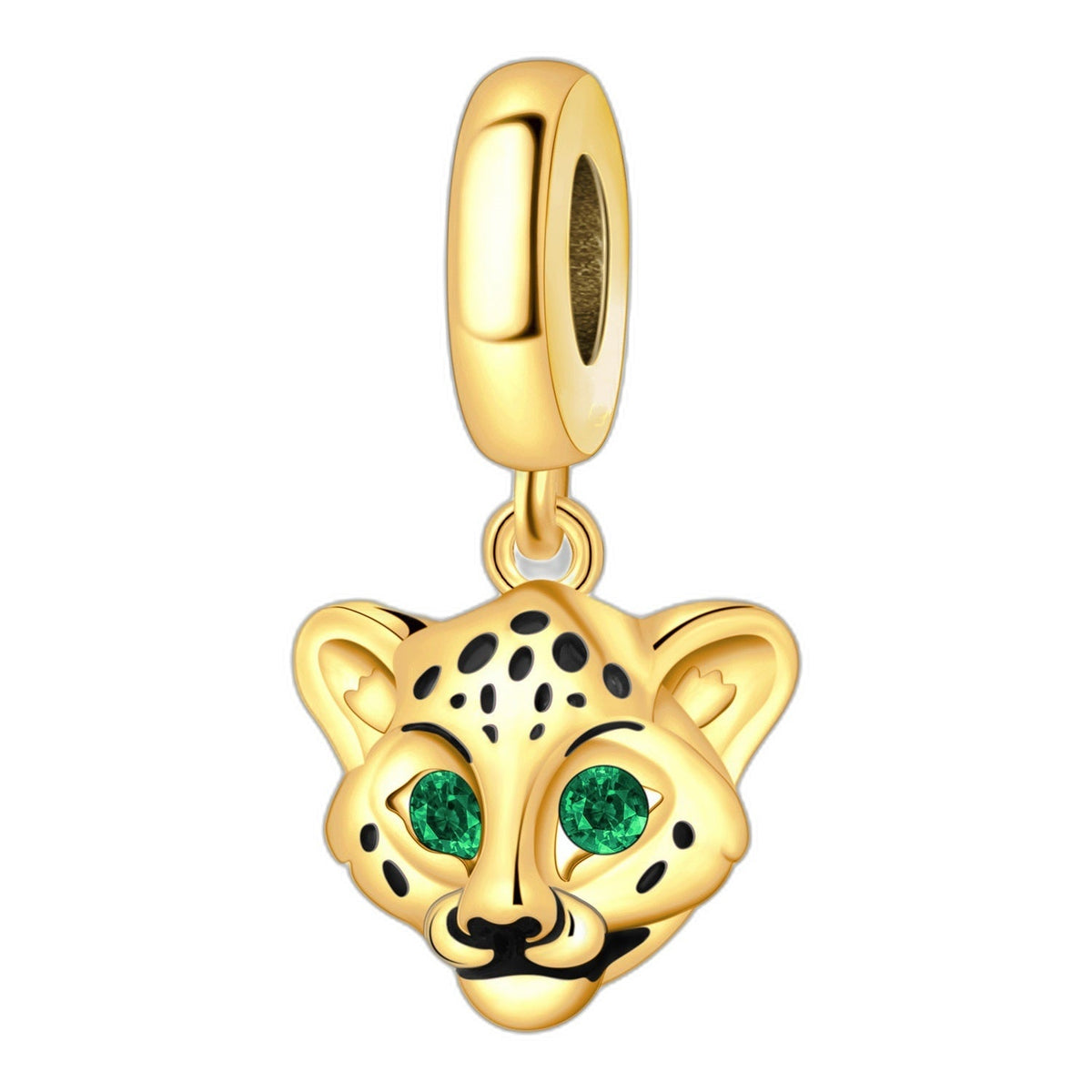 Charm pendant léopard, yeux en zircons verts, émail noir, pour femme, modèle Leopardino