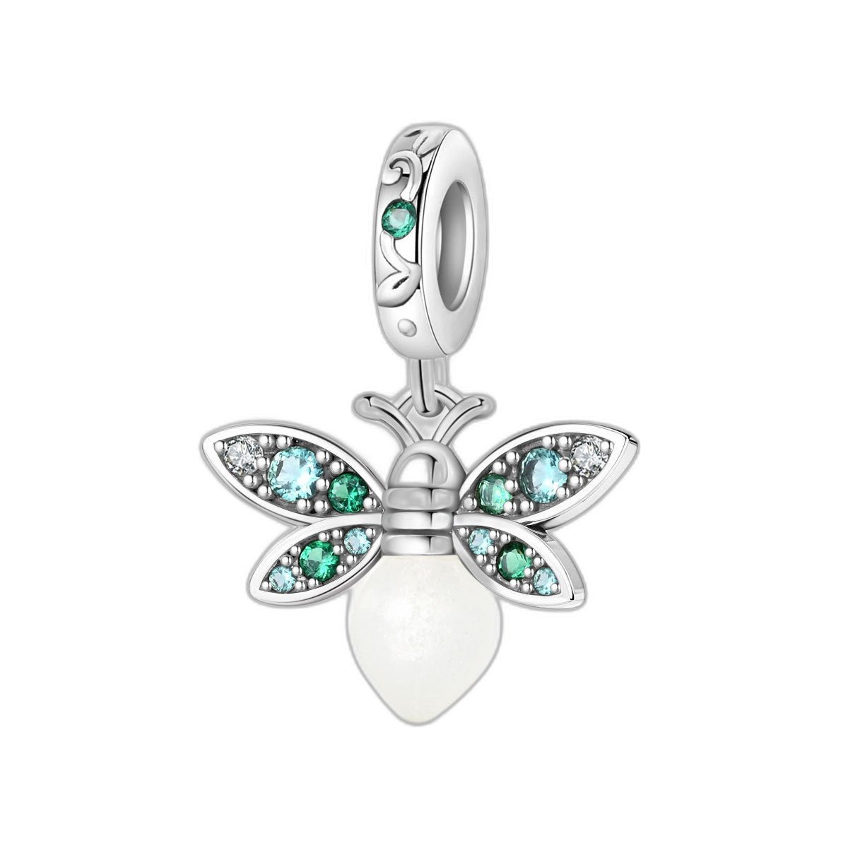 Charm-Anhänger, klassischer Glühwürmchen-Anhänger mit Flügeln, besetzt mit grünen Zirkonia und einem perlmuttfarbenen Abdomen, für Damen, Modell Funkelnde Smaragd-Glühwürmchen