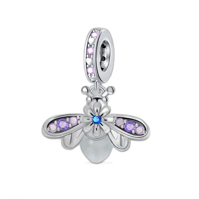 Charm pendant, Violet Floral Firefly with pink zircons and frosted phosphorescent sphere, for women, Violet Floral Firefly model