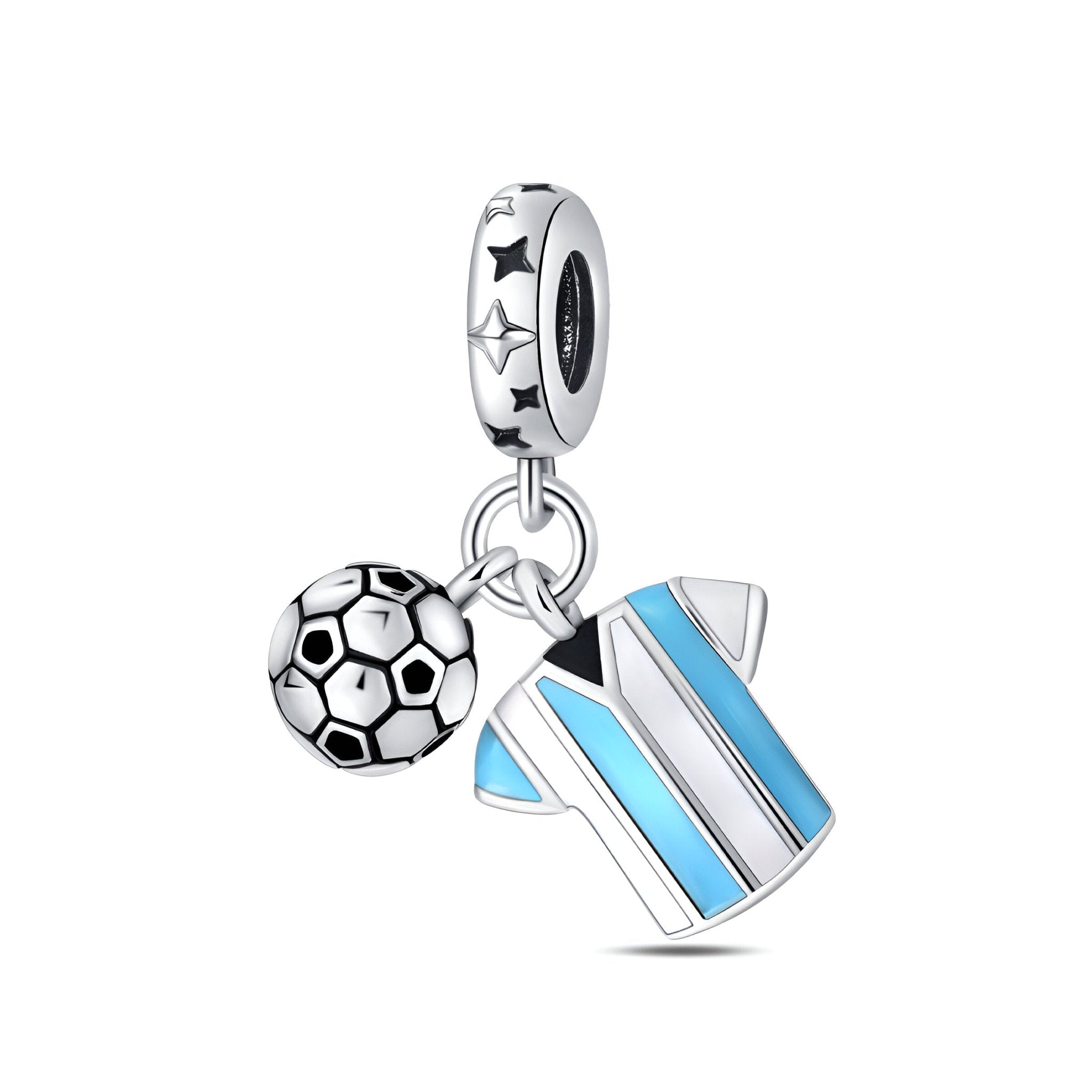 Charm pendentif argent avec maillot bleu, blanc et noir et ballon de foot détaillé.