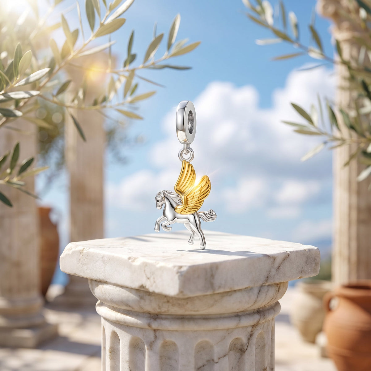 Γούρι μενταγιόν χαριτωμένο ζώο, ασημένιο και χρυσό φινίρισμα, για γυναίκες, μοντέλο Pegasia