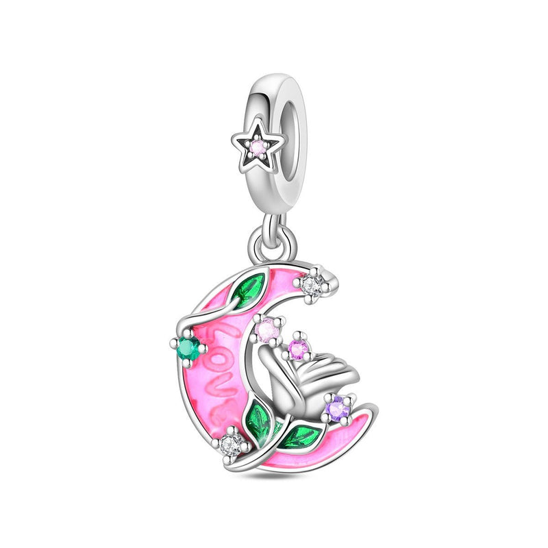 Charm-Anhänger, leuchtender Halbmond-Anhänger mit Rose und mehrfarbigen Zirkonia, für Damen, Modell Florale Liebesmond