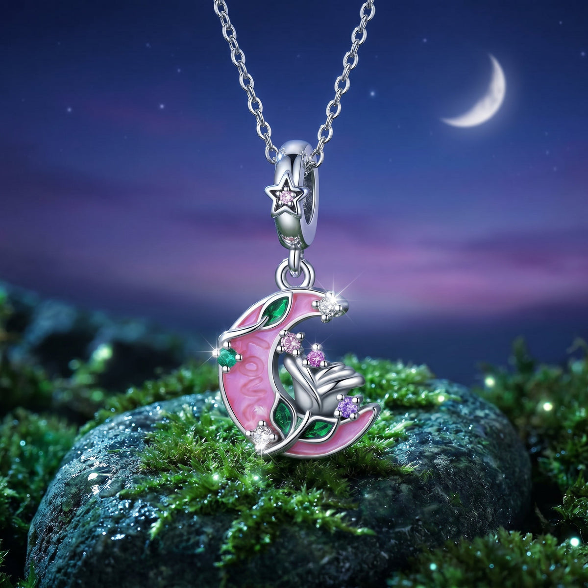 Charm pendant, Pendentif croissant de lune phosphorescent avec rose et zircons multicolores, pour femme, modèle Lune Florale d'Amour