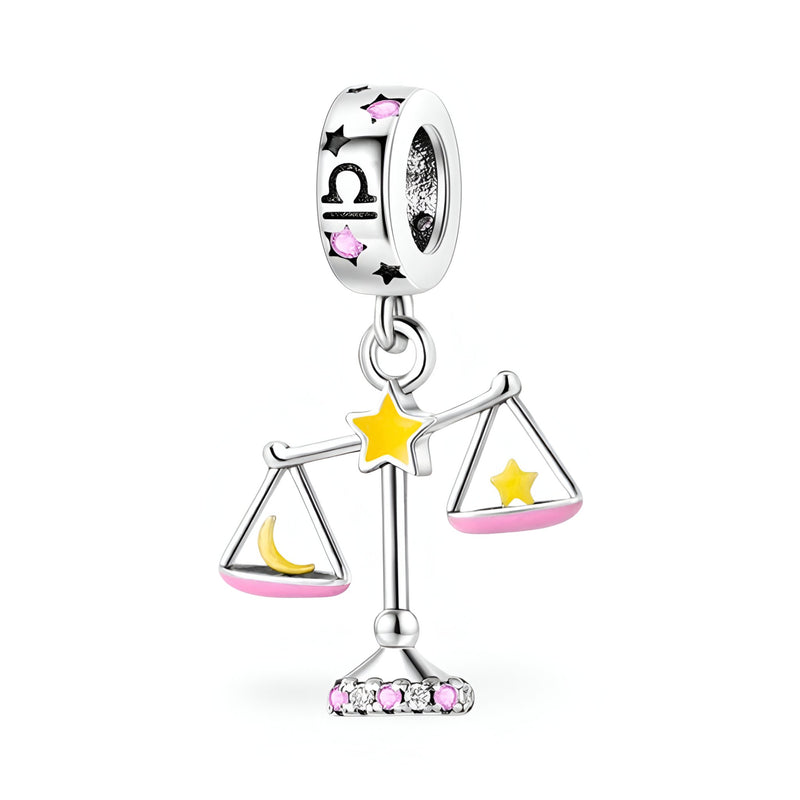 Charm pendentif signe Balance en argent avec étoiles jaunes, lune, émail rose et cristaux roses.