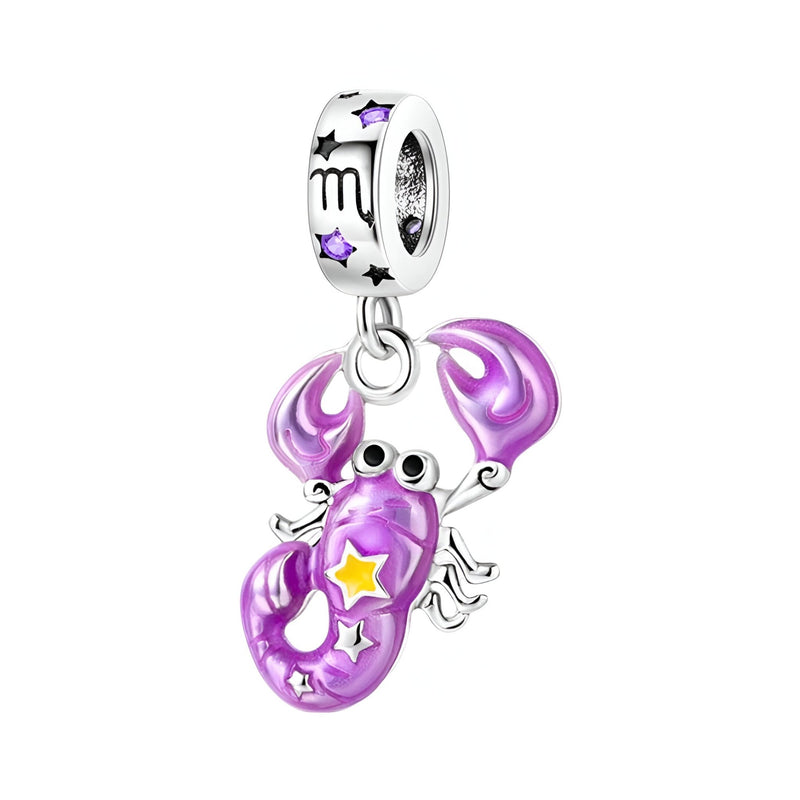 Charm pendentif signe du zodiaque Balance en émail violet avec étoiles jaunes et détails argentés.