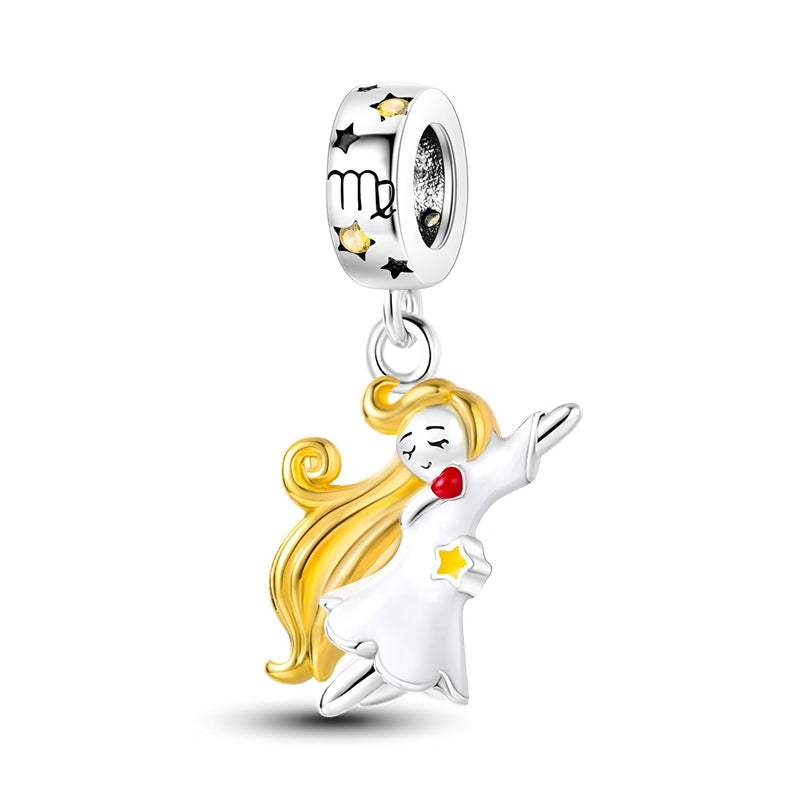 Charm pendentif signe Vierge en argent avec émail blanc et or, étoiles jaunes et détail rouge.
