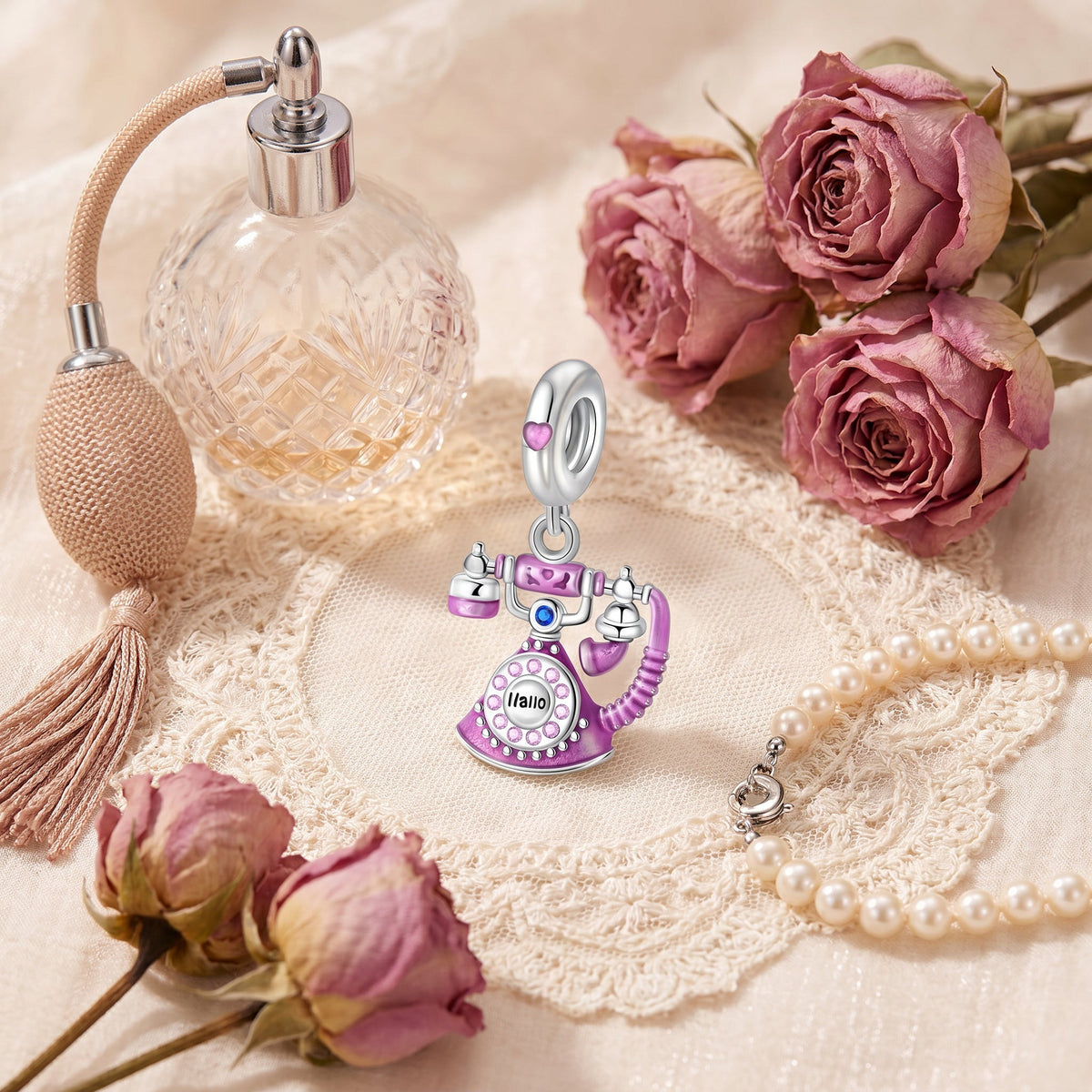 Charm pendant, vintage purple-pink telephone with rotary dial, for women, Telephonia model